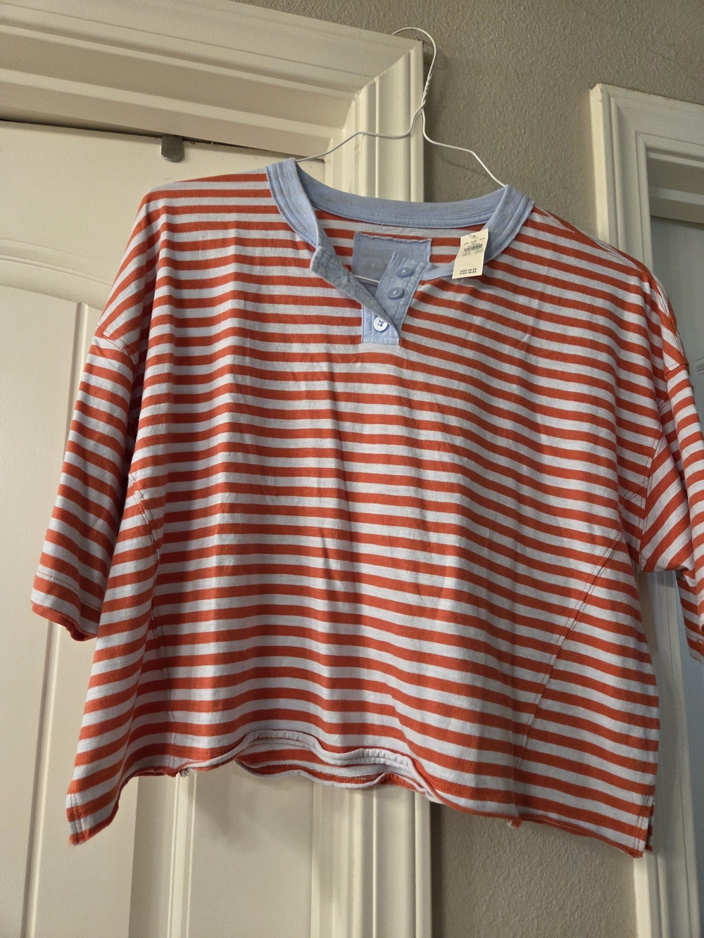 Womens Aerie Striped Henley Top - Red/Orange & Heathered Grey S